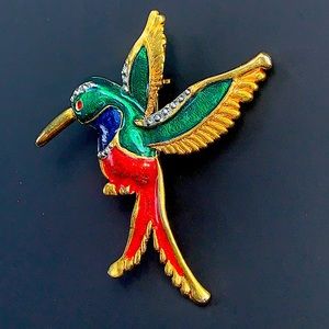 Vintage Flying Hummingbird Gold, Red, Blue & Green Brooch Pin